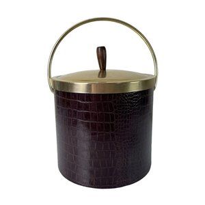Vintage Faux Leather Crocodile Print Ice Bucket w/ Gold Handle & Lid, Barware